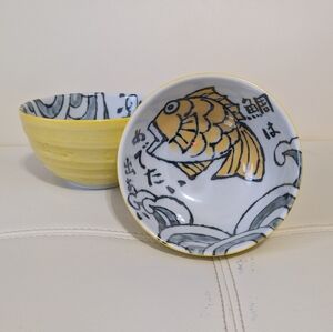 Vintage Japanese Mino Ware Yellow Fish Bowl Pair Set
